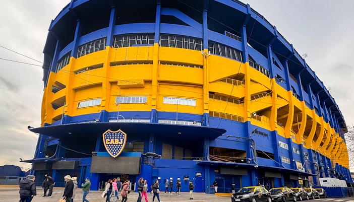 Fans gathering outside La Bombonera stadium in Buenos Aires, Argentina.