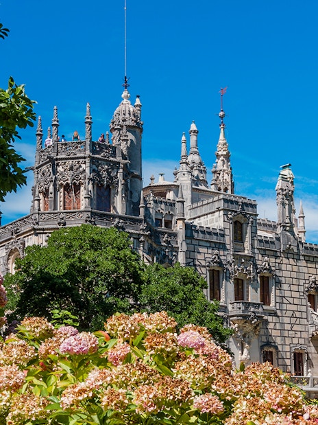 Quinta da Regaleira palace in Lisbon surrounded by lush gardens.