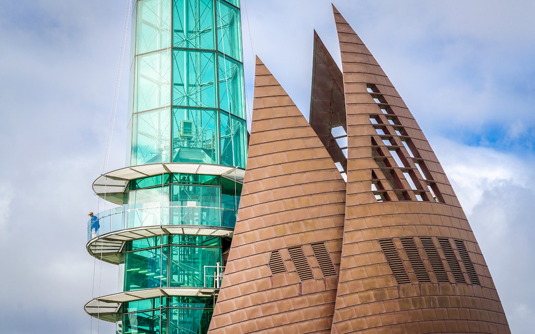Swan Bell Tower in Perth with glass observation deck and copper sails.