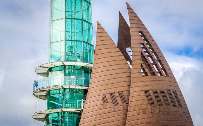 Swan Bell Tower in Perth with glass observation deck and copper sails.