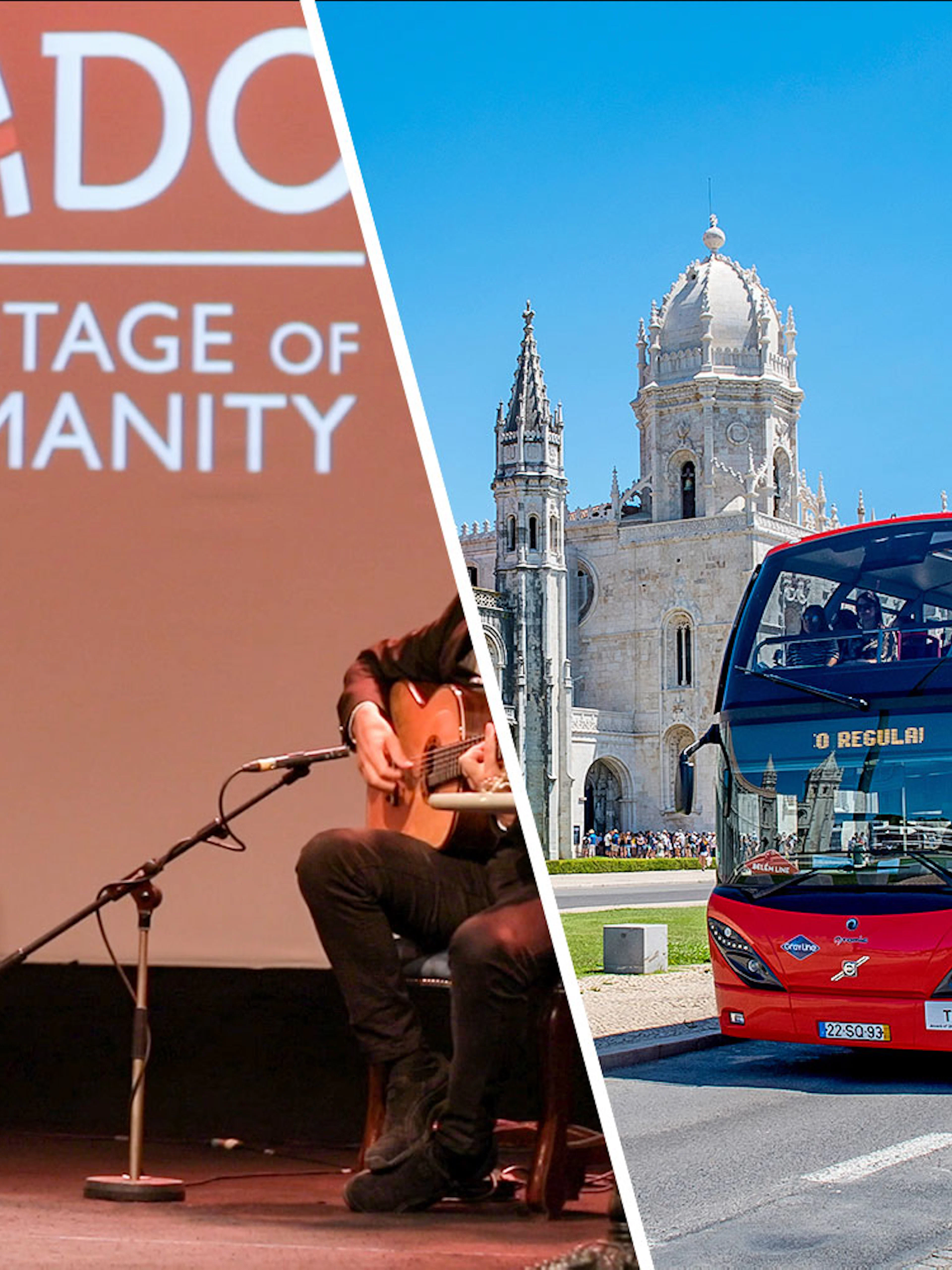 Fado singer performing in Lisbon and a red hop-on hop-off bus near Jerónimos Monastery.