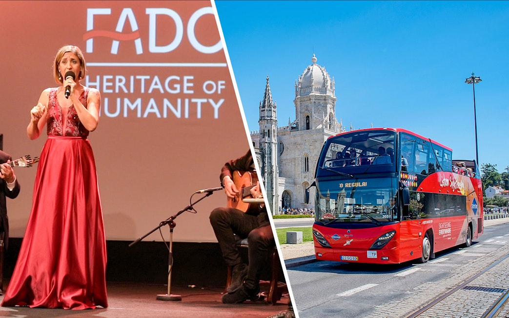 Fado singer performing in Lisbon and a red hop-on hop-off bus near Jerónimos Monastery.