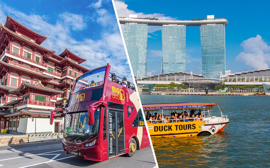 Big Bus tour near Buddha Tooth Relic Temple and Duck Tours boat by Marina Bay Sands, Singapore.