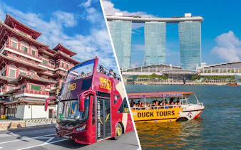 Big Bus tour near Buddha Tooth Relic Temple and Duck Tours boat by Marina Bay Sands, Singapore.