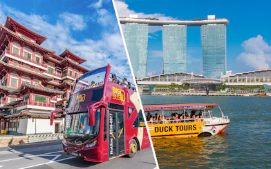 Big Bus tour near Buddha Tooth Relic Temple and Duck Tours boat by Marina Bay Sands, Singapore.