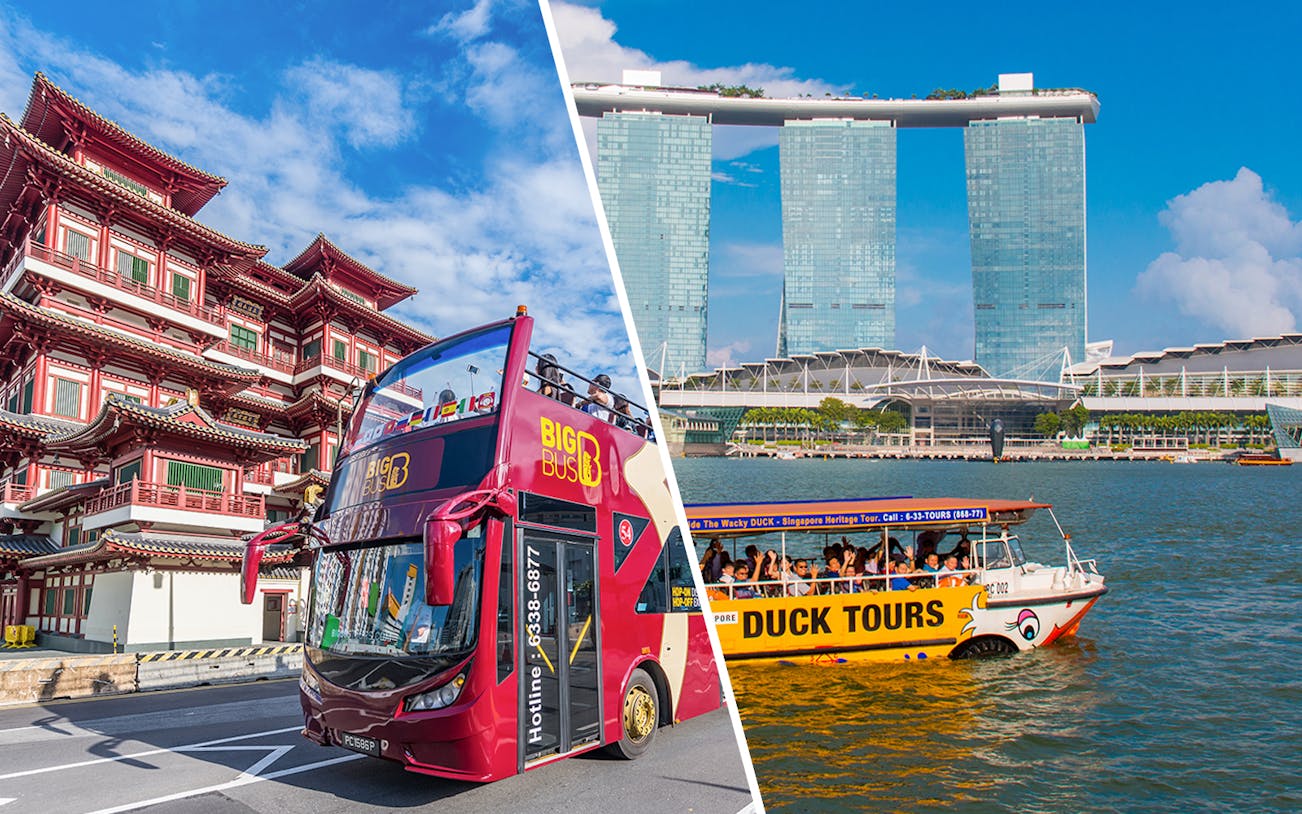 Big Bus tour near Buddha Tooth Relic Temple and Duck Tours boat by Marina Bay Sands, Singapore.