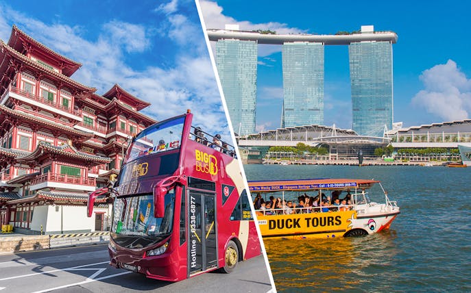Big Bus tour near Buddha Tooth Relic Temple and Duck Tours boat by Marina Bay Sands, Singapore.