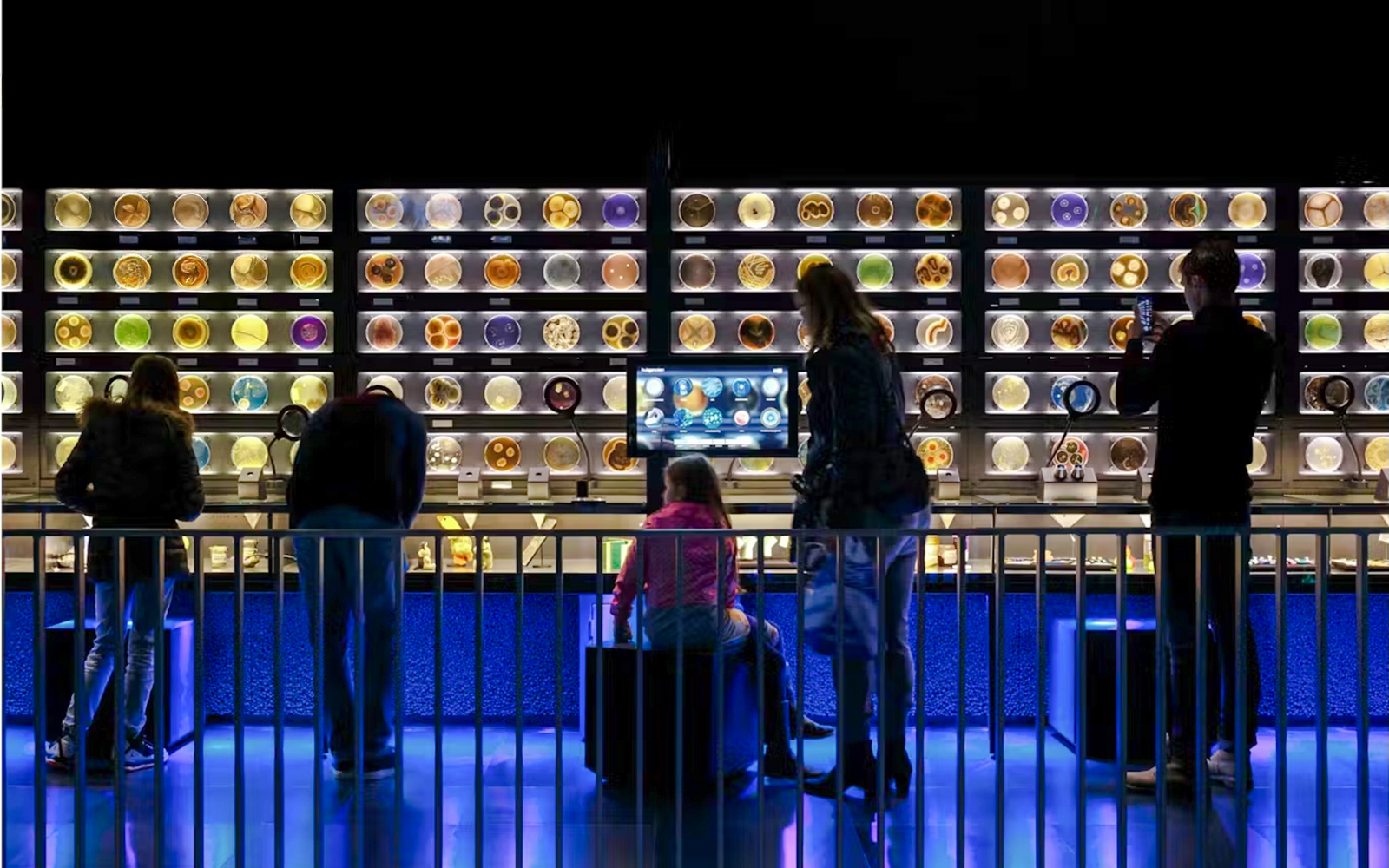 Visitors observing microbial displays at Artis Micropia in Amsterdam.