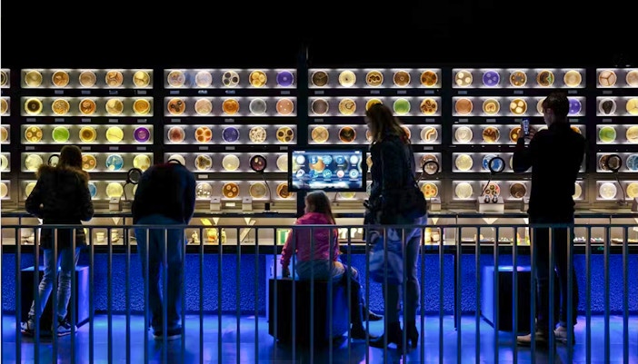 Visitors observing microbial displays at Artis Micropia in Amsterdam.