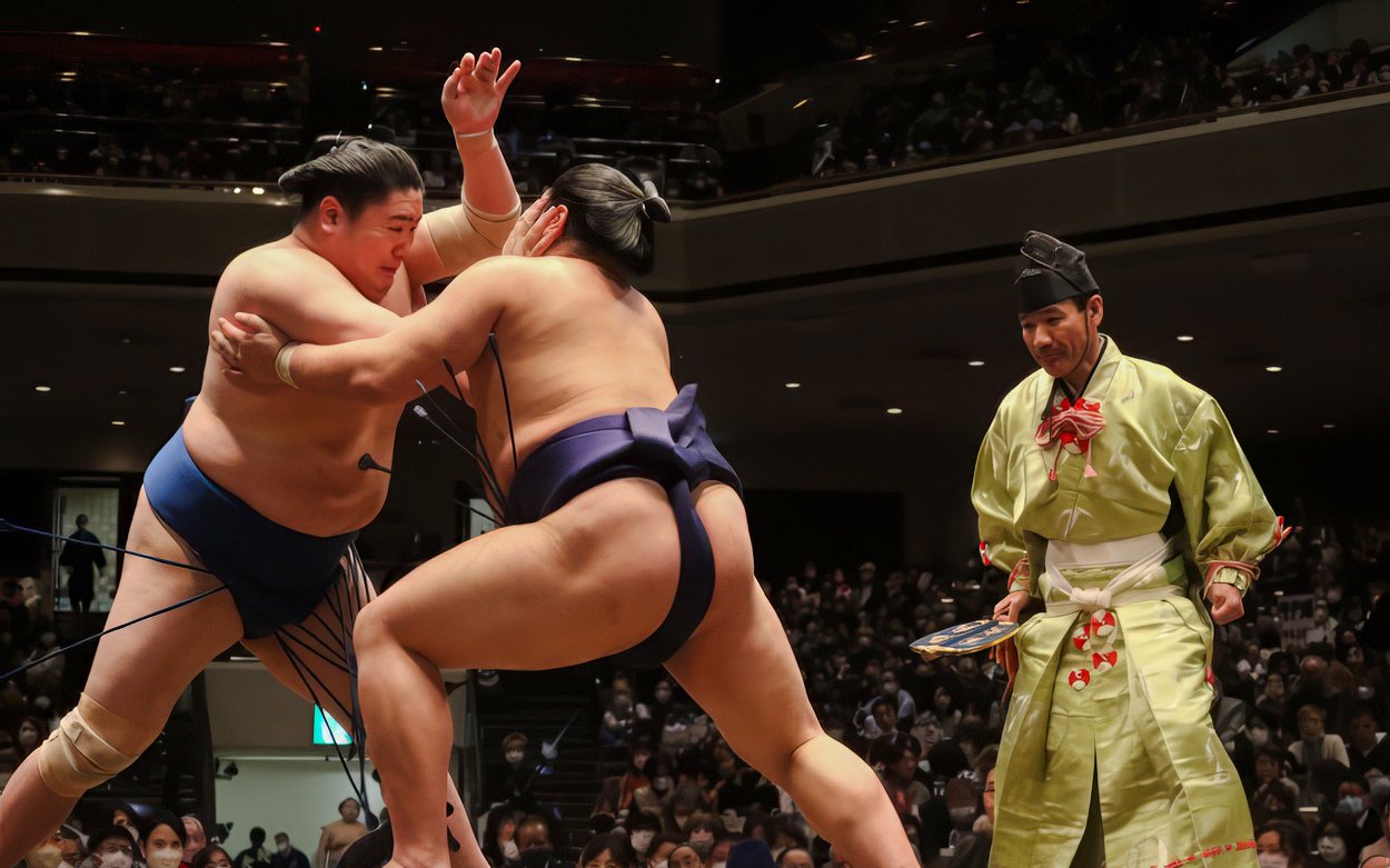 Sumo wrestlers competing in a Tokyo arena with a referee observing.