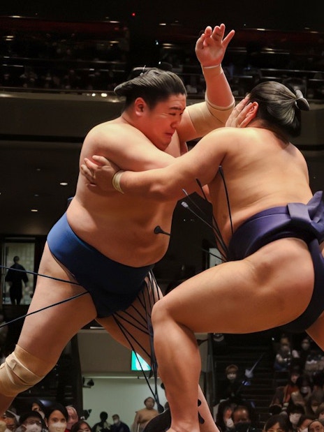 Sumo wrestlers competing in a Tokyo arena with a referee observing.