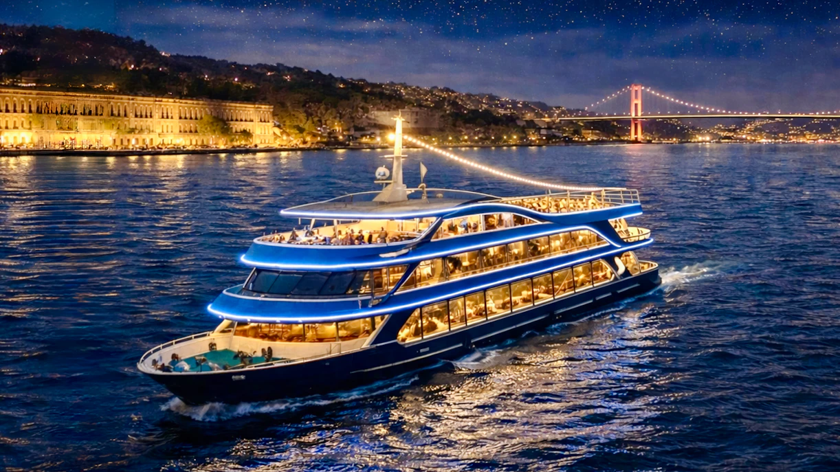 Bosphorus Bridge at sunset with yacht and birds during Golden Horn cruise.