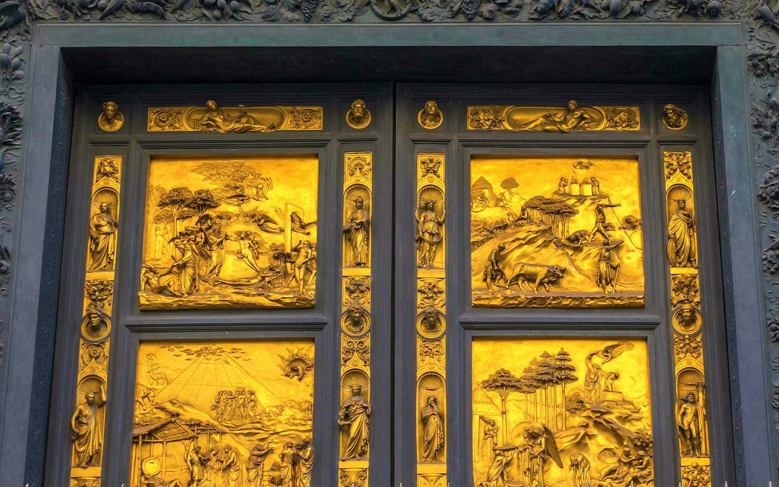 Biblical scenes on the golden panels of the Gates of Paradise, Florence Baptistery east doors.