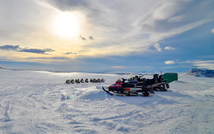 Snowmobiles on Langjokull Glacier during Golden Circle tour, Reykjavik, Iceland.