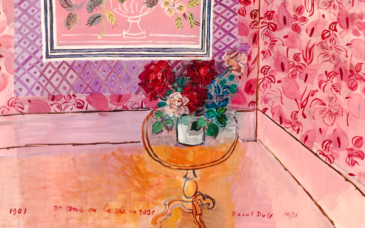Floral painting by Raoul Dufy, featuring a vase of roses on a table, linked to Berthe Weill's avant-garde.