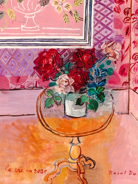 Floral painting by Raoul Dufy, featuring a vase of roses on a table, linked to Berthe Weill's avant-garde.