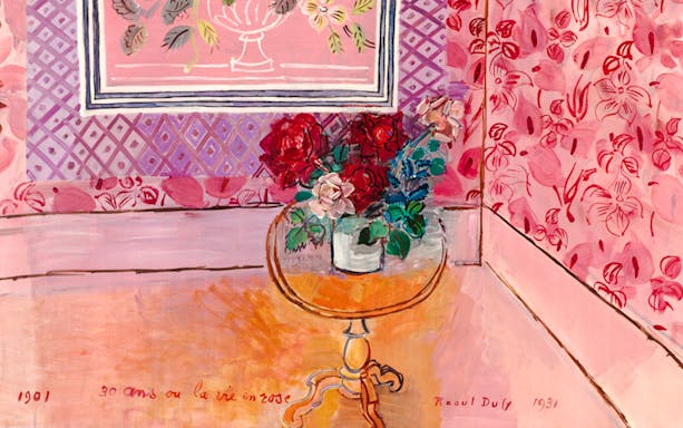 Floral painting by Raoul Dufy, featuring a vase of roses on a table, linked to Berthe Weill's avant-garde.