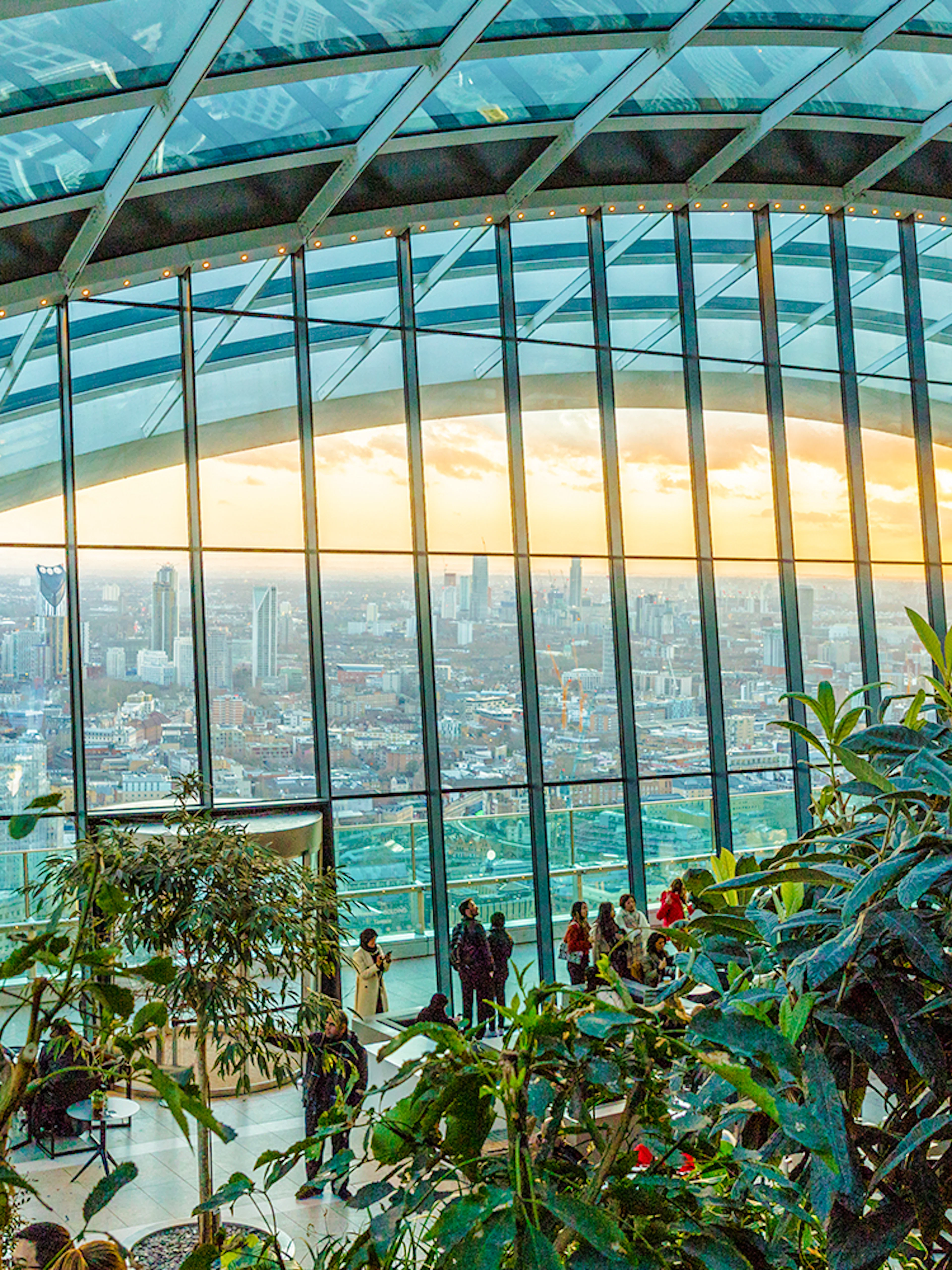 Visitors enjoying the view at Sky Garden, London with cityscape backdrop.