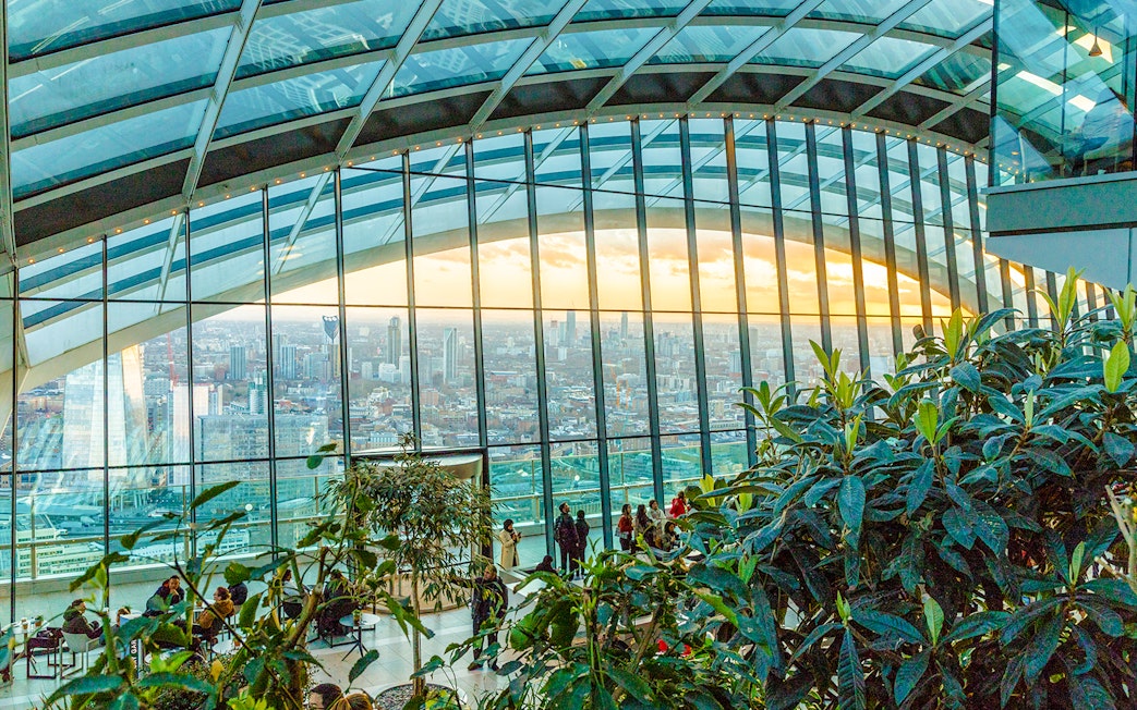 Visitors enjoying the view at Sky Garden, London with cityscape backdrop.