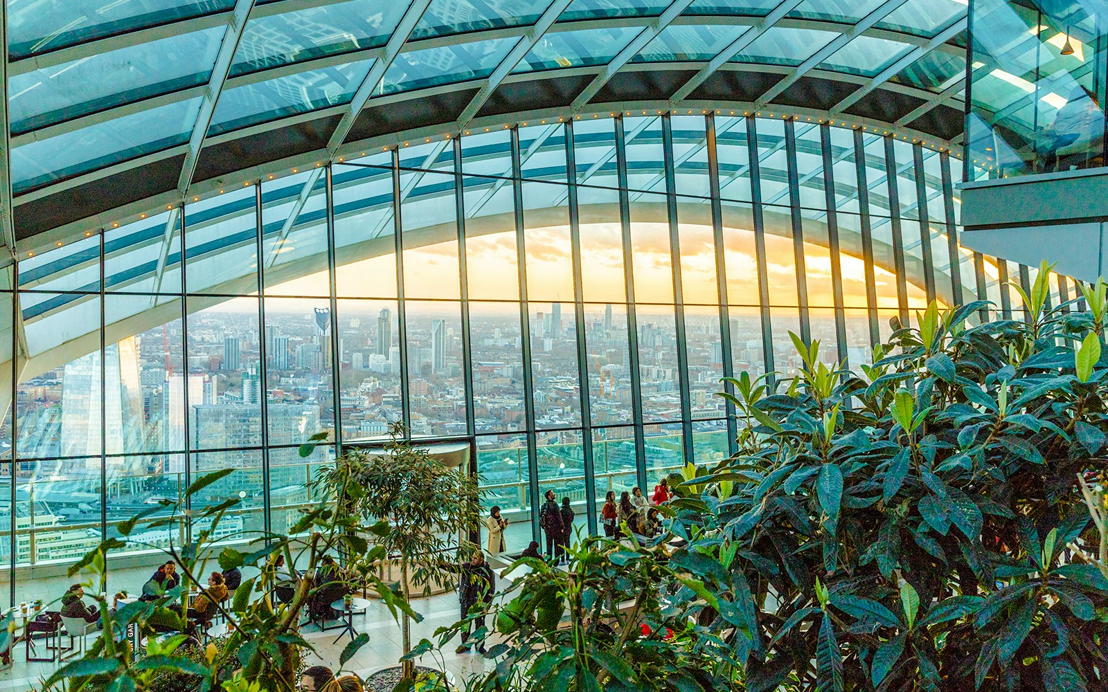 Visitors enjoying the view at Sky Garden, London with cityscape backdrop.