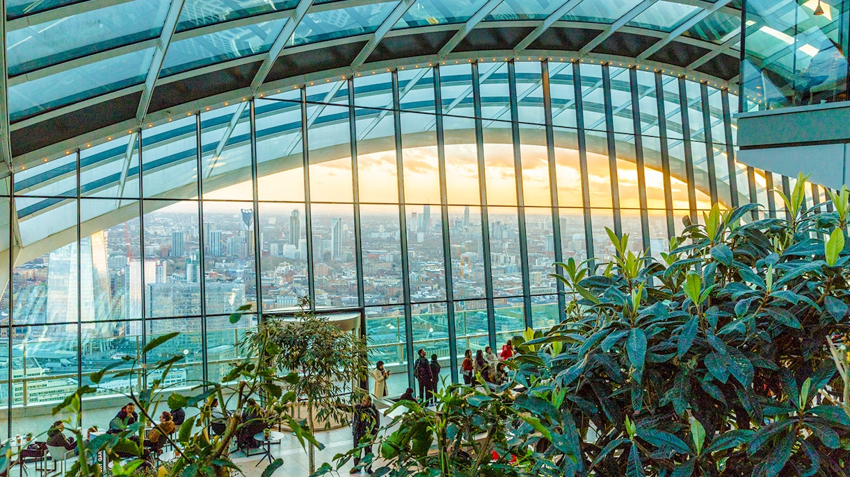 Visitors enjoying the view at Sky Garden, London with cityscape backdrop.