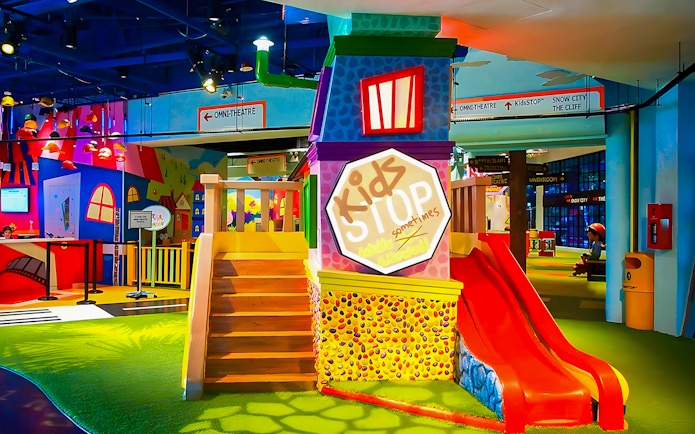 Interactive exhibits at Science Centre Singapore's KidSTOP, near Omni Theatre and Butterflies Up Close tour.