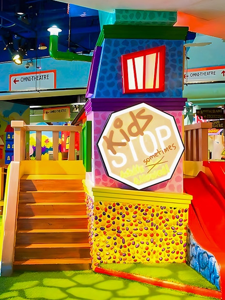 Interactive exhibits at Science Centre Singapore's KidSTOP, near Omni Theatre and Butterflies Up Close tour.