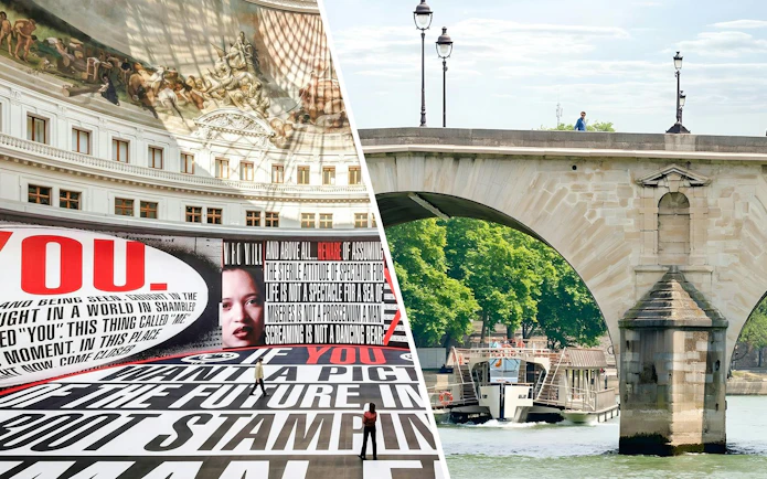 Bourse de Commerce Pinault Collection interior with modern art installation and nearby Paris bridge.