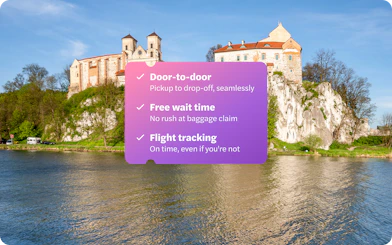 Benedictine Abbey in Tyniec, Krakow, Poland, with river view and service features overlay.