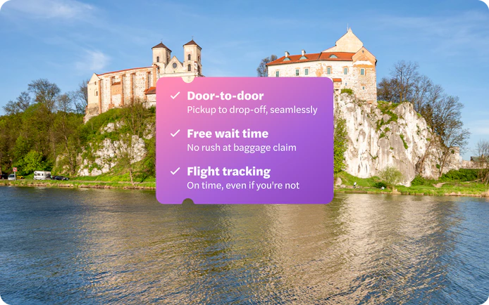 Benedictine Abbey in Tyniec, Krakow, Poland, with river view and service features overlay.