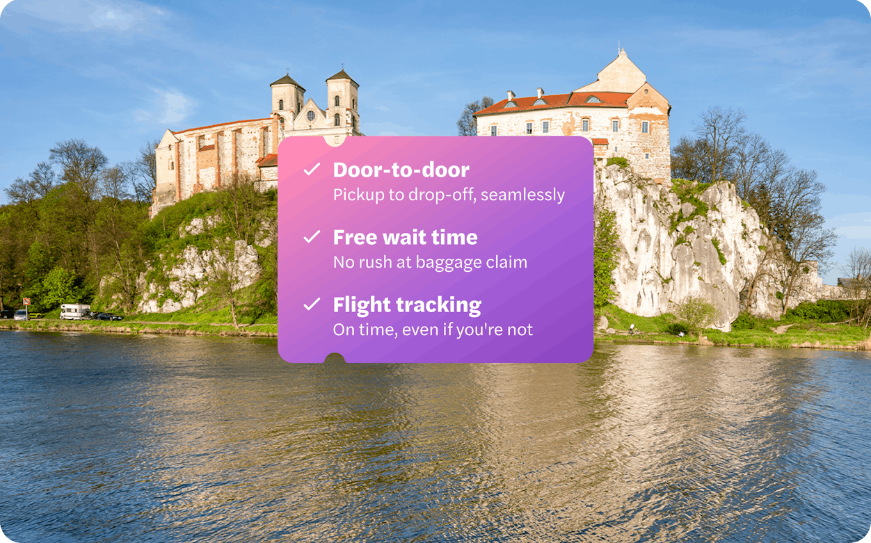 Benedictine Abbey in Tyniec, Krakow, Poland, with river view and service features overlay.