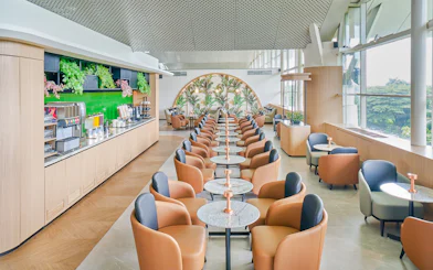 Lounge seating arrangement with rows of chairs and tables, featuring a refreshment area.