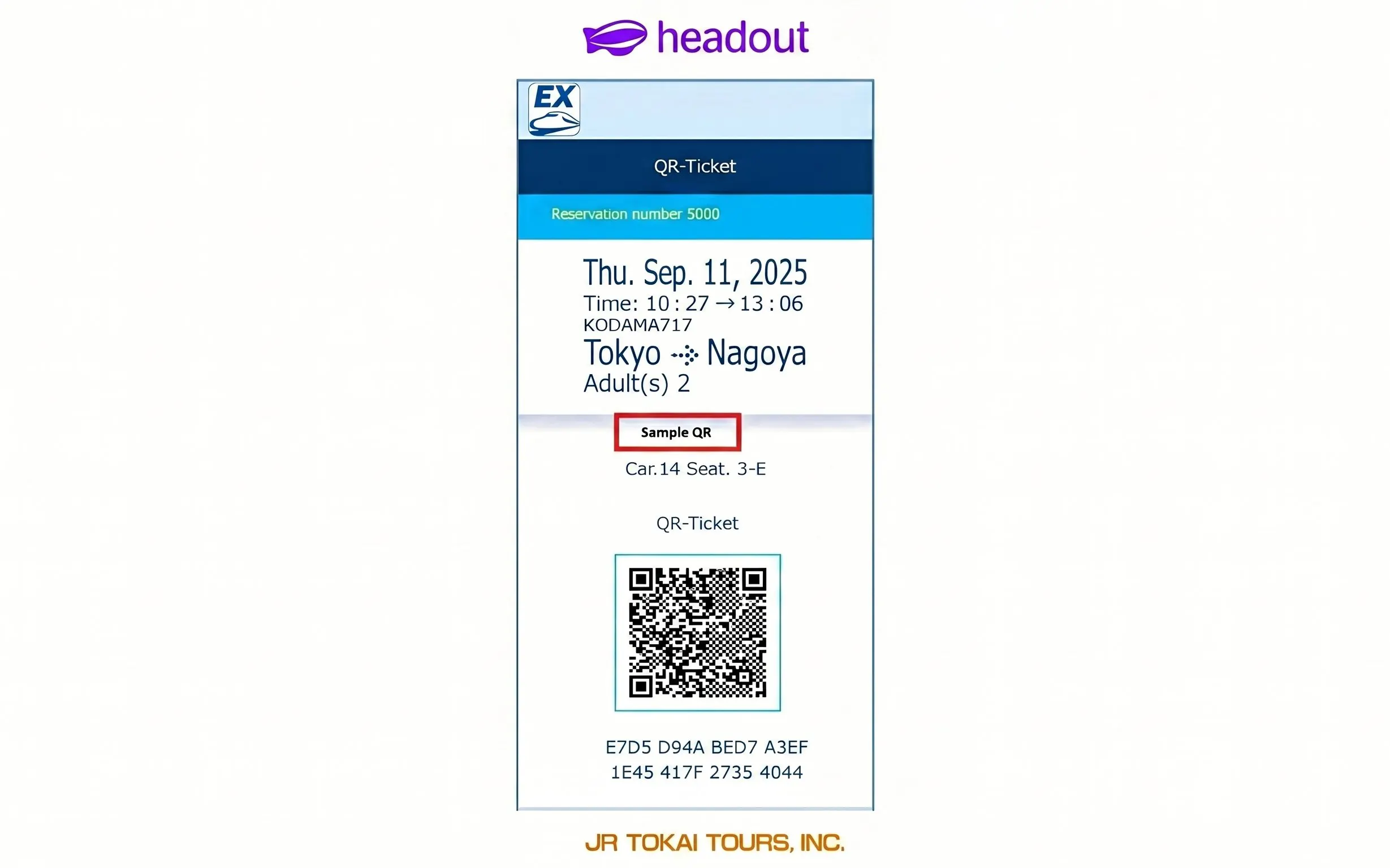 QR ticket for train journey from Tokyo to Nagoya, sample voucher.