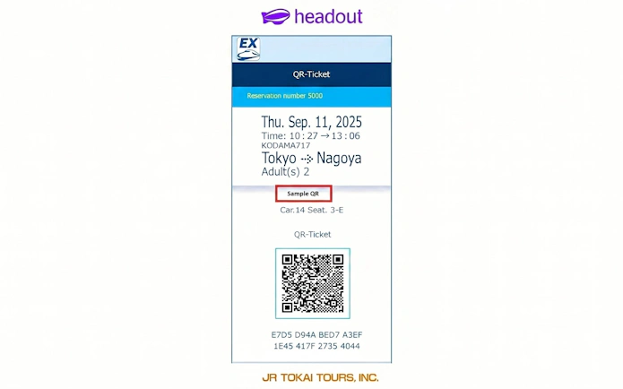 QR ticket for train journey from Tokyo to Nagoya, sample voucher.