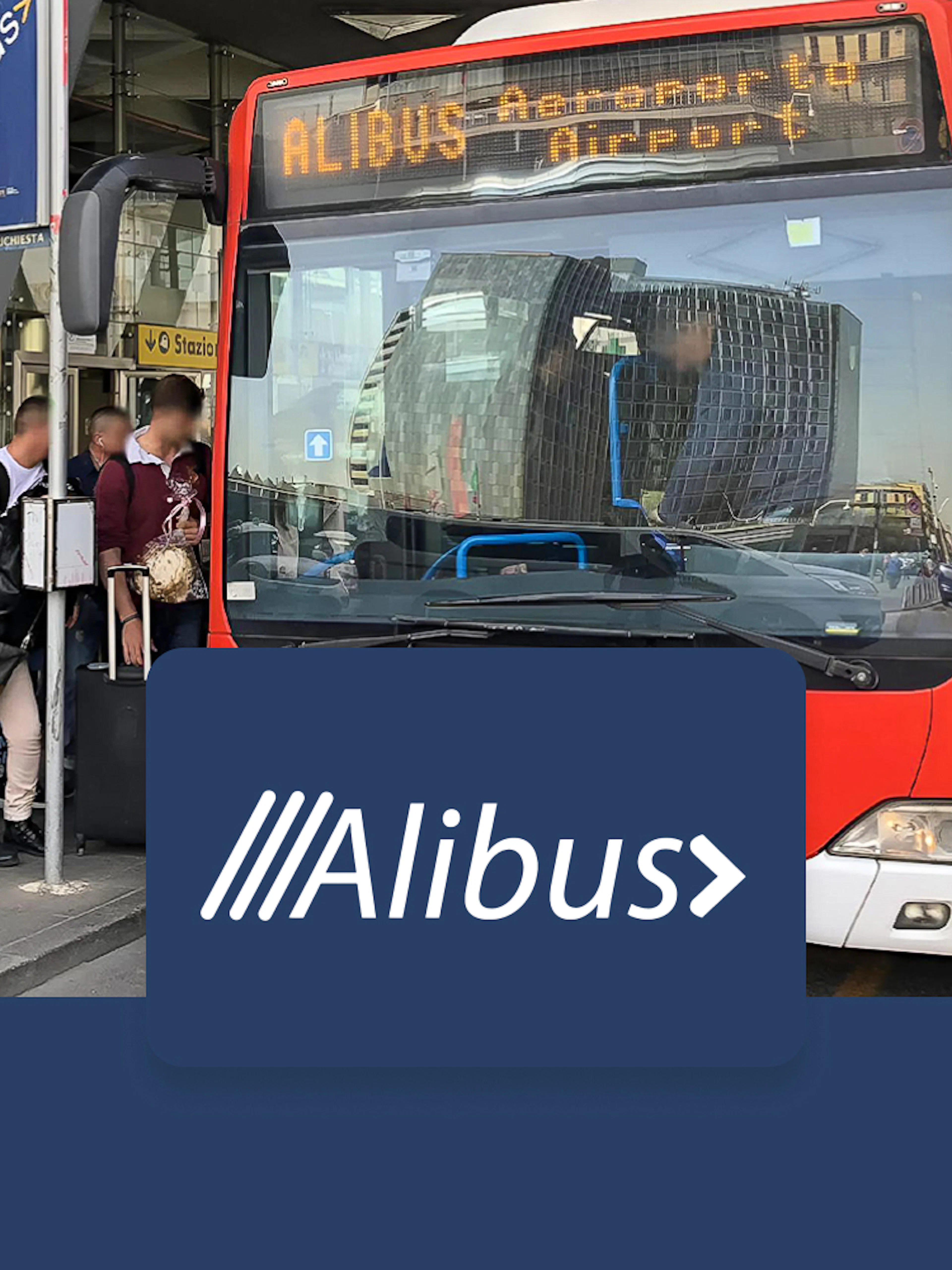 Alibus at Naples Airport terminal with passengers boarding for city transfer.