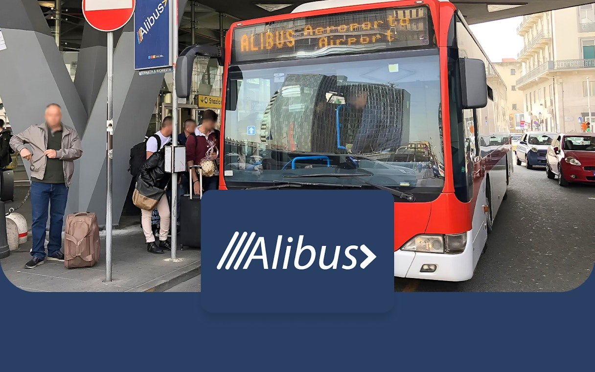 Alibus at Naples Airport terminal with passengers boarding for city transfer.