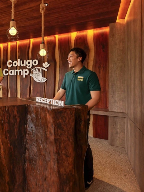 Family at reception in Colugo Camp, Mandai Wildlife Reserve.