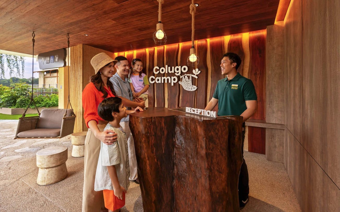 Family at reception in Colugo Camp, Mandai Wildlife Reserve.