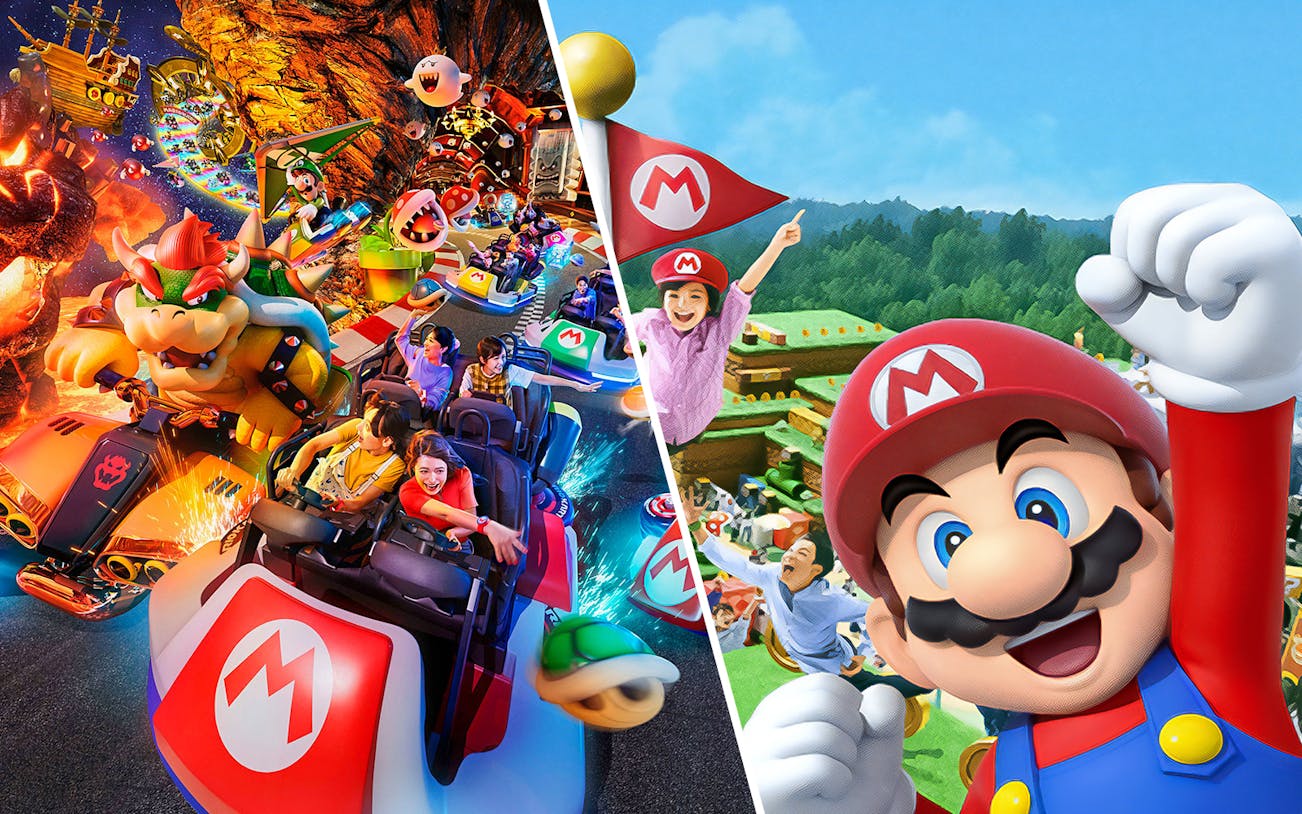 Universal Studios Japan ride featuring Mario characters and excited visitors on a themed roller coaster.