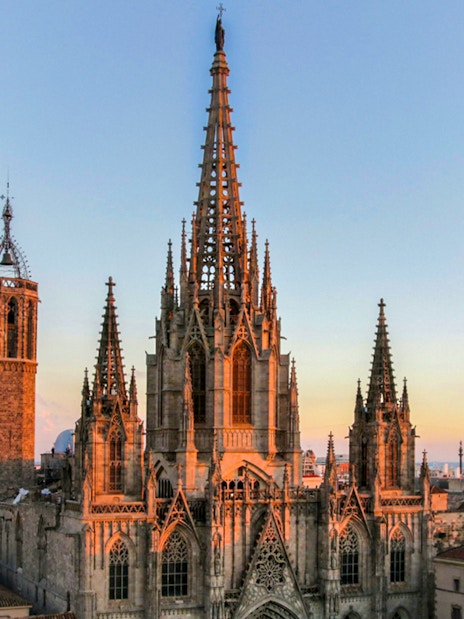 Barcelona Cathedral at sunset with cityscape in the background.