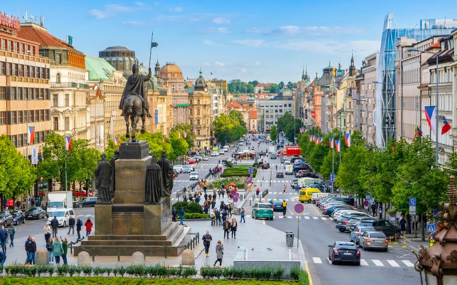 Wenceslas Square view with statue near National Museum, Prague.