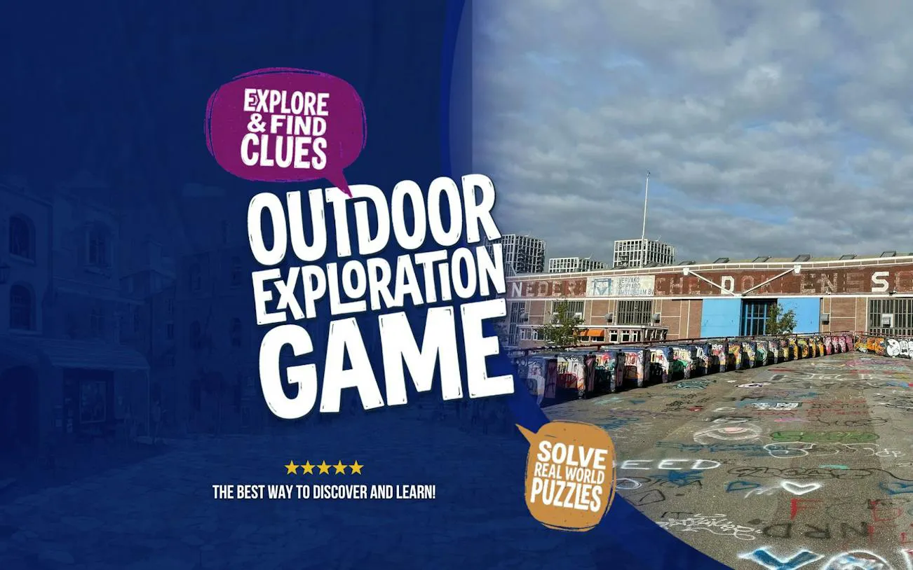 Outdoor exploration game poster with graffiti-covered street in Amsterdam.