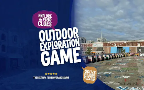 Outdoor exploration game poster with graffiti-covered street in Amsterdam.