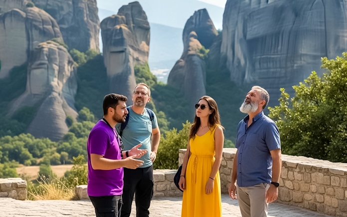 Group on a guided tour at Meteora, Greece, with rock formations in the background.