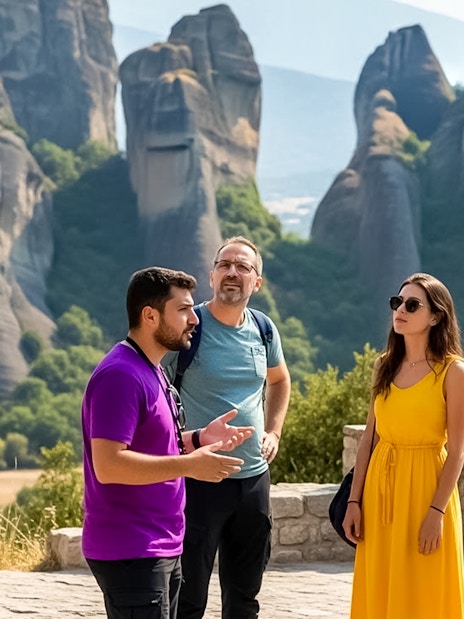 Group on a guided tour at Meteora, Greece, with rock formations in the background.