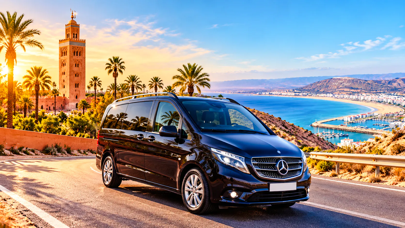 Private transfer van on coastal road from Marrakech to Taghazout/Agadir, Morocco.