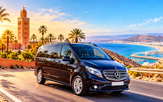 Private transfer van on coastal road from Marrakech to Taghazout/Agadir, Morocco.
