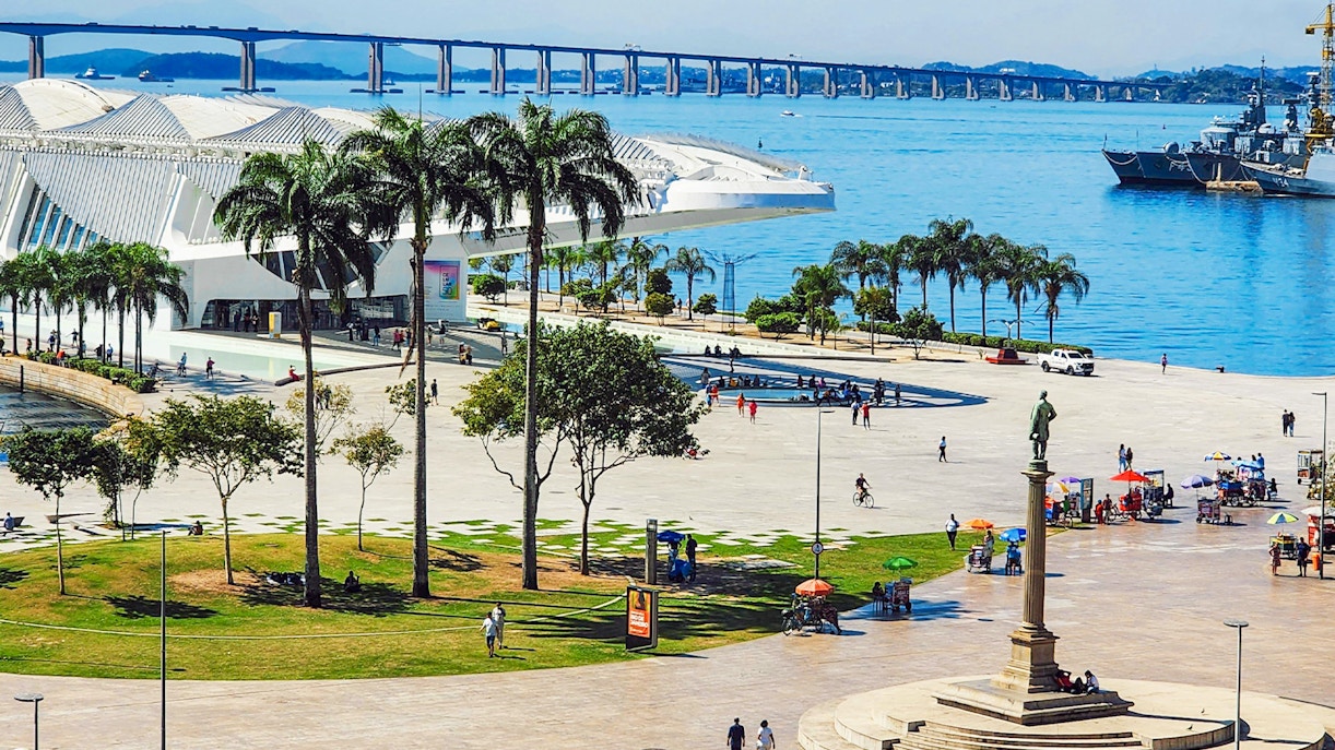 Maua Square in Rio de Janeiro with Museum of Tomorrow and Guanabara Bay in view.