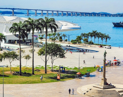 Maua Square in Rio de Janeiro with Museum of Tomorrow and Guanabara Bay in view.