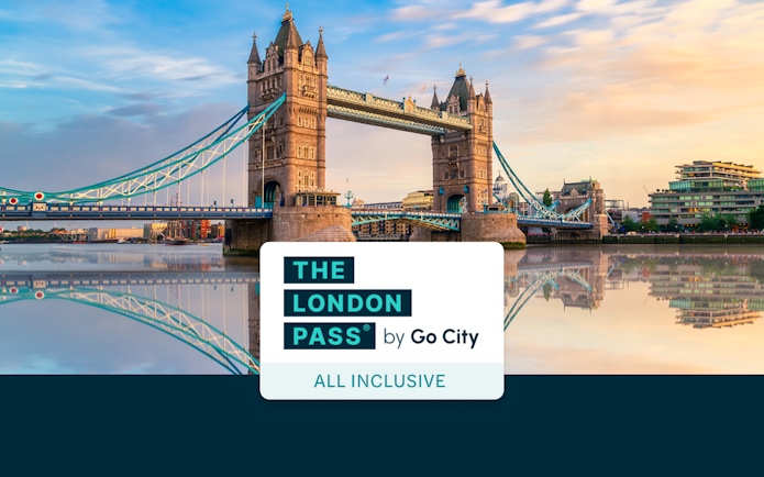 Tower Bridge in London with The London Pass logo.